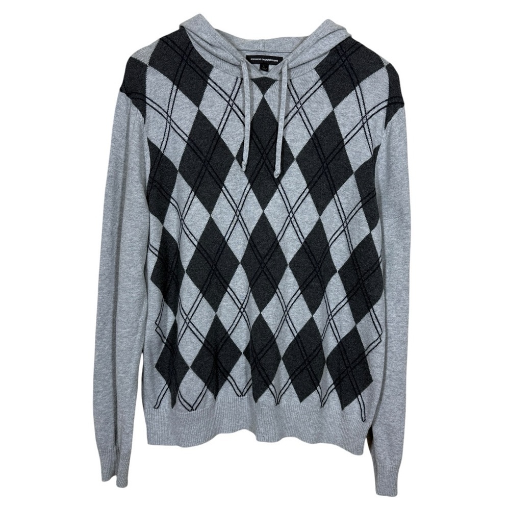 Express Design Studio Mens Grey Black Diamond Pattern Light Sweater